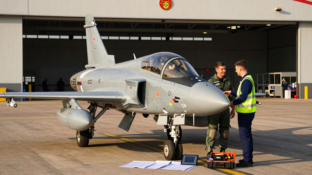 Avião militar cinza estacionado em hangar com dois homens conversando ao lado e equipamentos no chão.