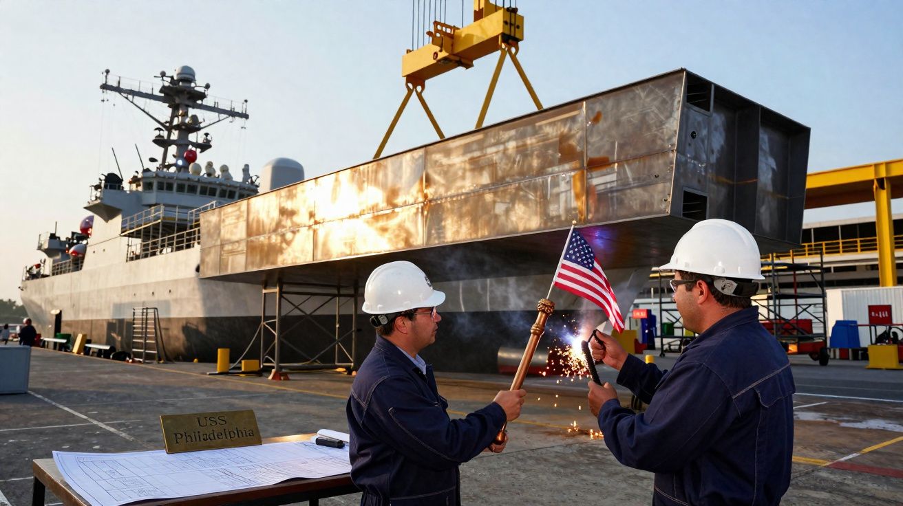 Dois trabalhadores com capacetes soldando uma peça metálica com bandeira dos EUA em estaleiro naval ao lado de navio.