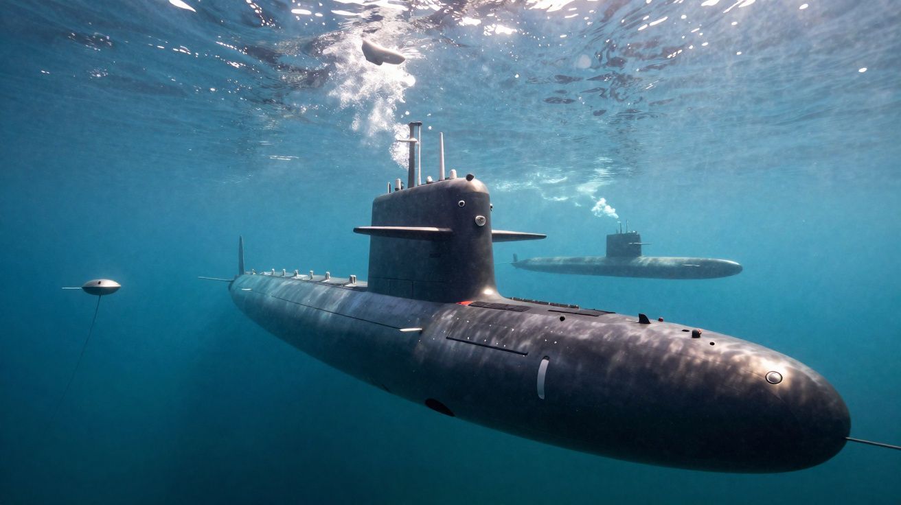 Dois submarinos militares em operação subaquática em mar calmo, com luz do sol penetrando a água.