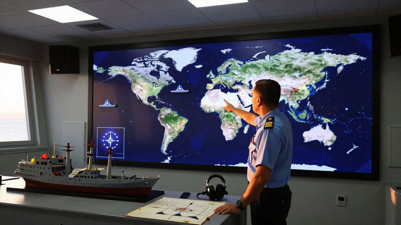 Homem em uniforme naval aponta para um mapa mundi digital em uma sala de controle marítima.