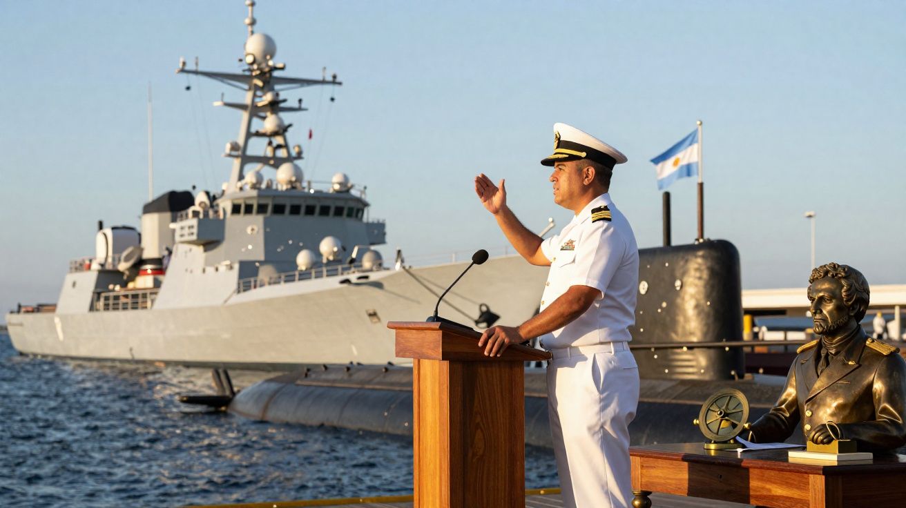 Oficial da marinha fala em púlpito com navio de guerra e submarino ao fundo em porto ensolarado.