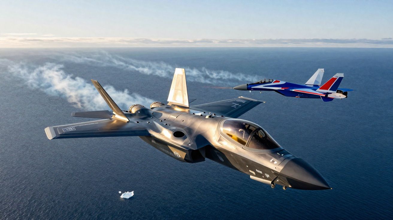 Dois caças militares voando sobre o oceano, um cinza e outro azul, deixando rastros de fumaça.