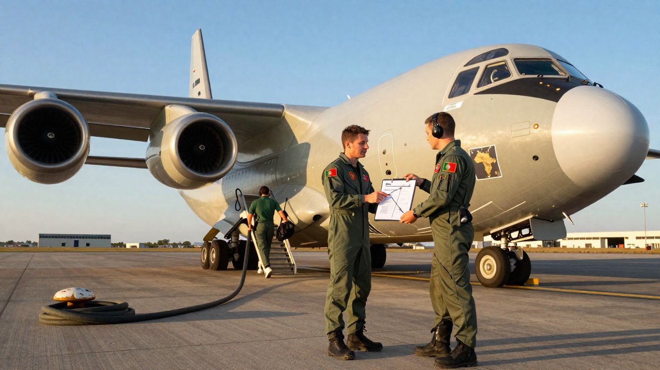 Dois militares conversam em frente a um avião militar estacionado em um aeroporto ao entardecer.