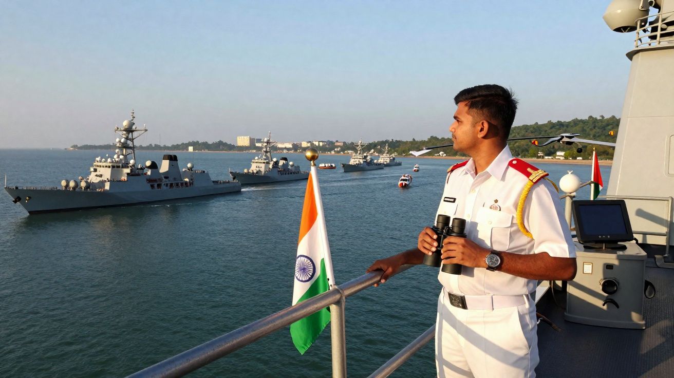 Militar da marinha indiana observa com binóculos frota de navios de guerra no mar.