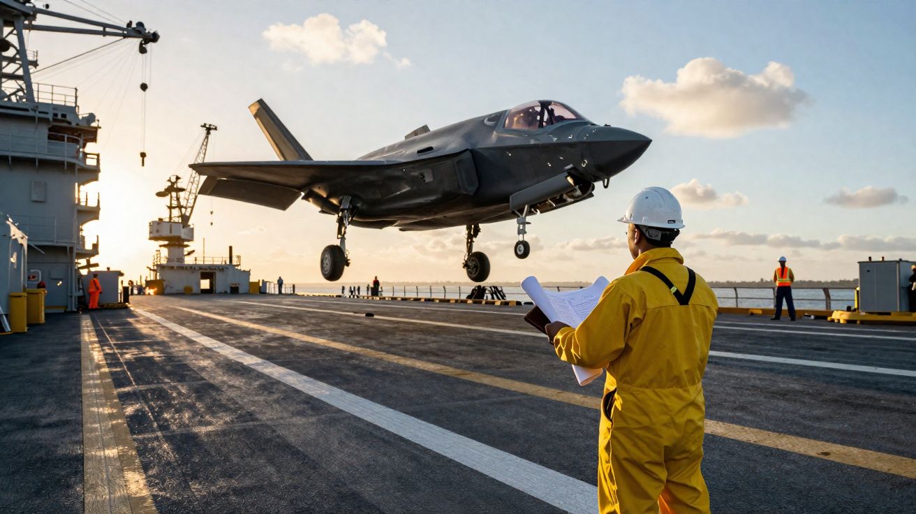 Funcionário em macacão amarelo observa jato militar pousando em porta-aviões ao pôr do sol.