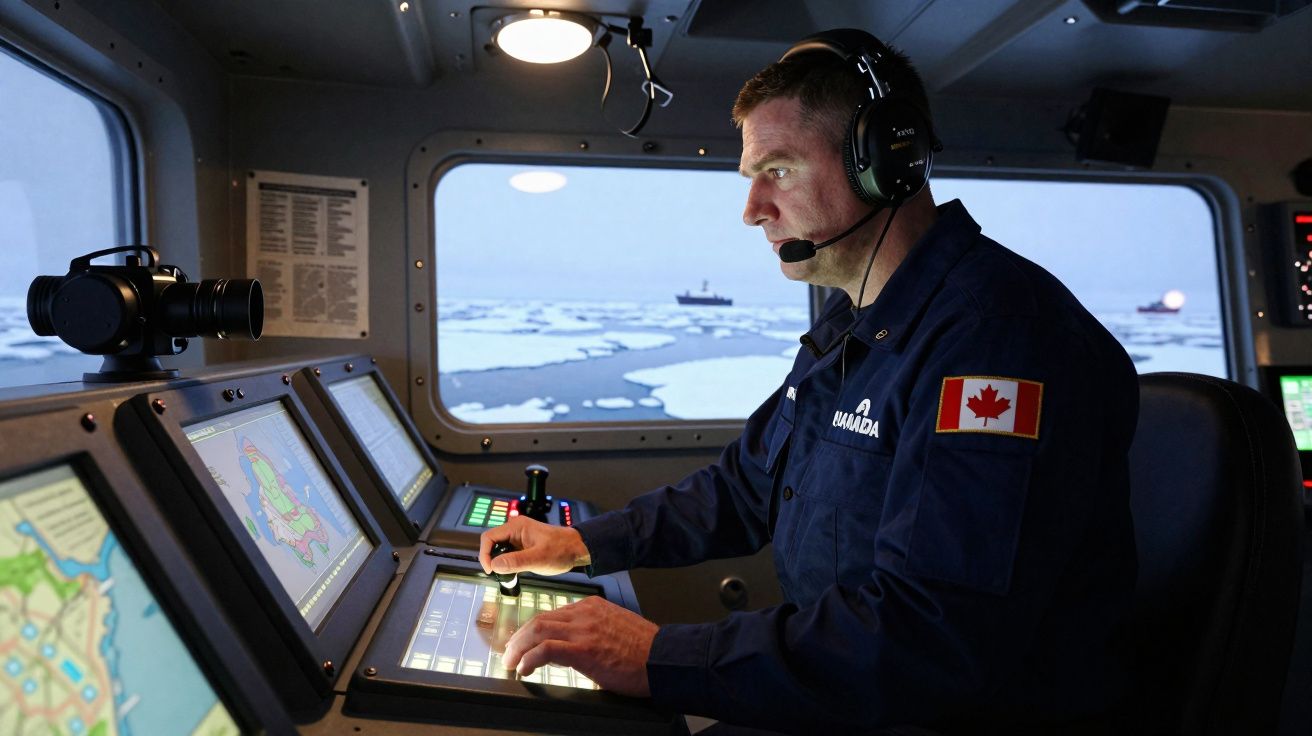 Homem com uniforme da marinha canadense operando equipamentos em sala de controle com visão para área congelada.