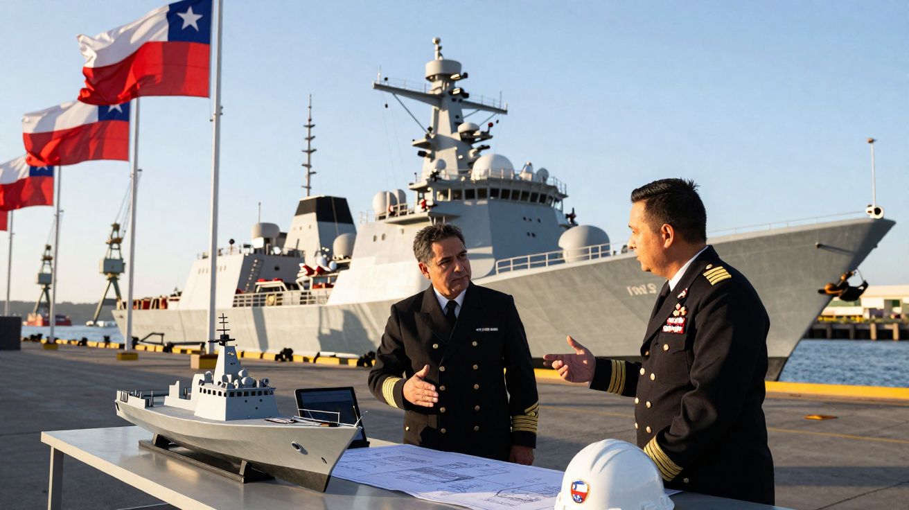 Dois oficiais navais conversam ao lado de um modelo de navio e plantas, com navio real e bandeiras do Chile ao fundo.