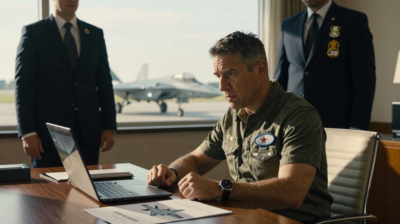 Homem em uniforme militar sentado à mesa com laptop, papéis e avião de caça ao fundo na janela.