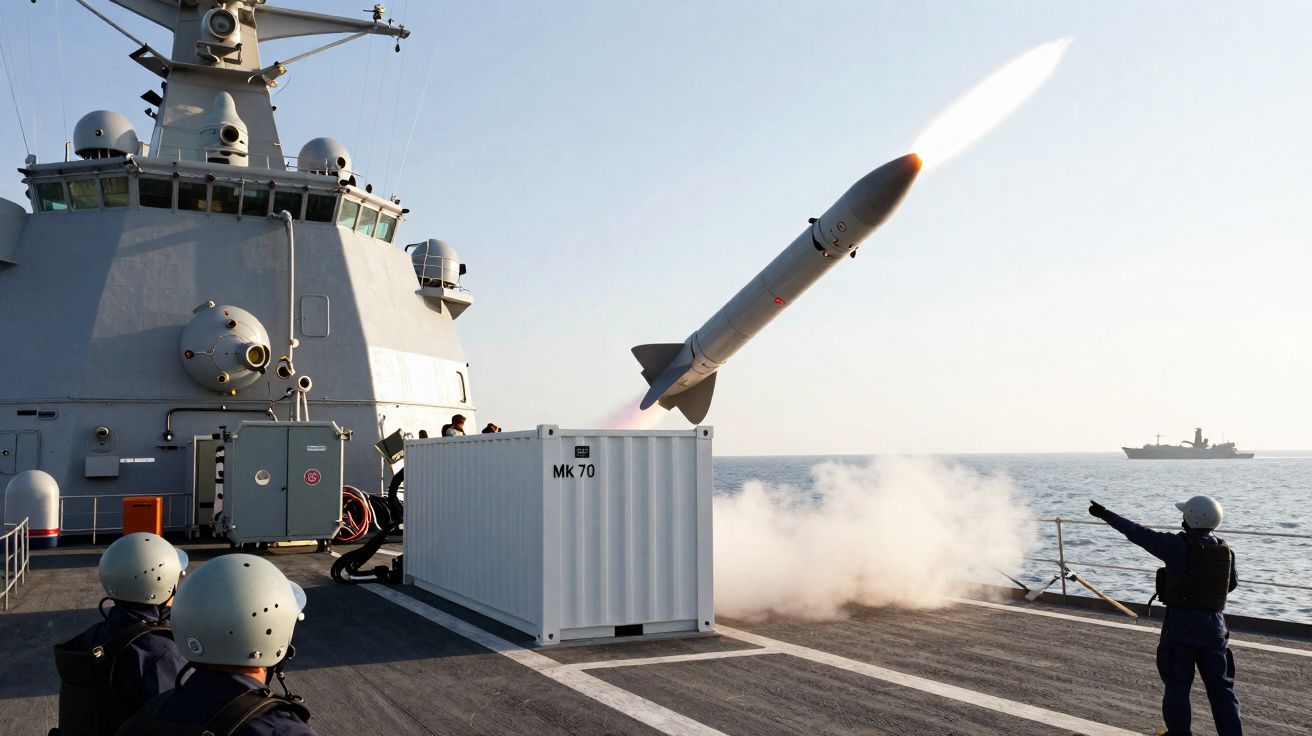 Navio de guerra lançando míssil guiado com tripulação observando no convés.