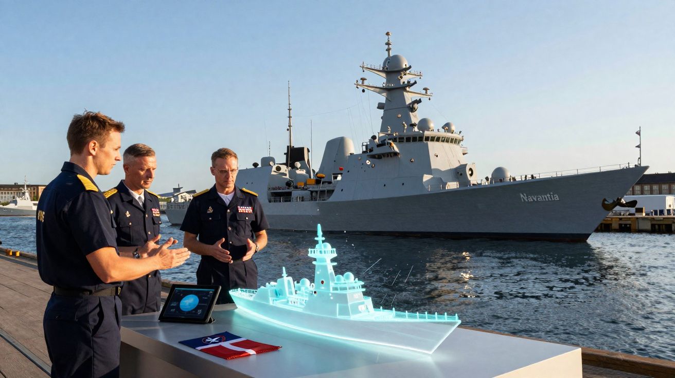 Três militares em uniforme observam holograma de navio com embarcação naval maior ao fundo em cais.