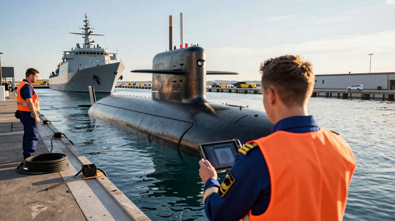 Dois militares com coletes laranjas acompanham submarino preto atracado em porto com navio de superfície ao fundo.
