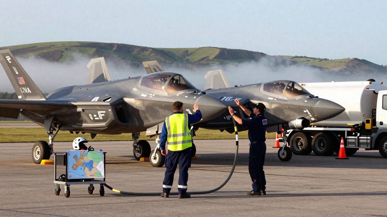 Dois militares reabastecendo aviões de caça F-35 em pista de aeroporto com colinas ao fundo.