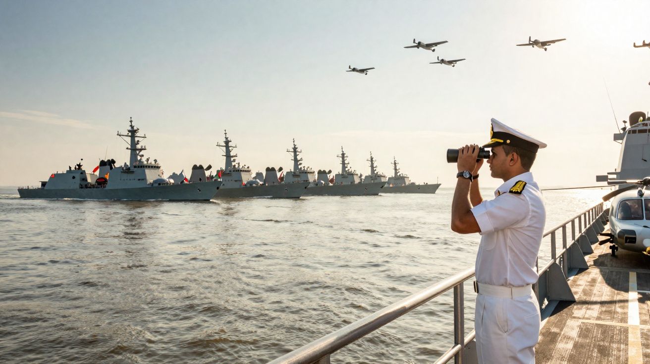 Militar naval em uniforme branco observa com binóculo frota de navios de guerra e aviões sobrevoando o mar.