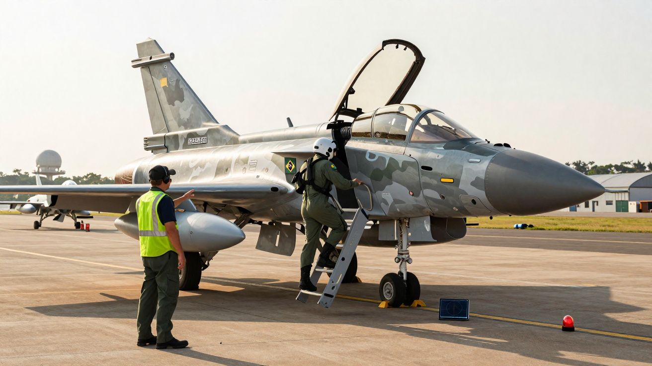Caça brasileiro estacionado em pista com piloto subindo pela escada e técnico orientando.
