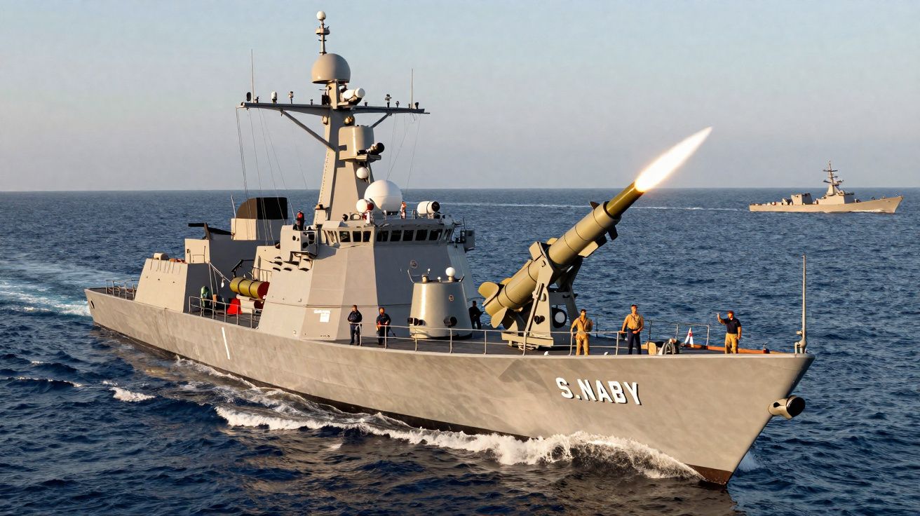 Navio militar S. Naby disparando míssil no mar com tripulantes na proa em dia claro.