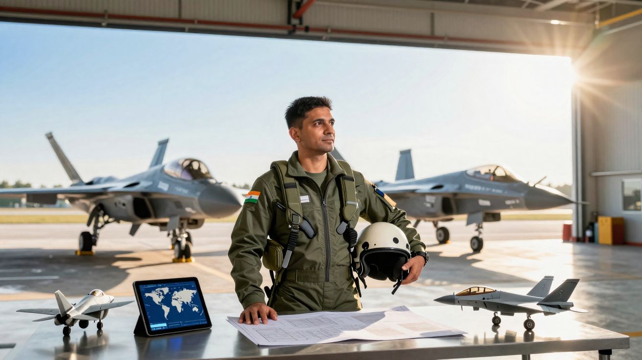 Piloto de caça indiano em hangar com aviões de combate, modelos em miniatura e tablet com mapa mundial.
