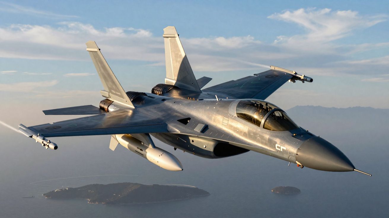 Caça militar cinza voando sobre o mar, com ilhas ao fundo e céu parcialmente nublado.