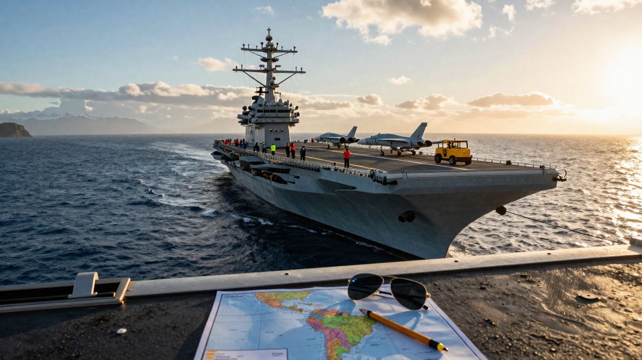 Porta-aviões no mar ao entardecer, com dois caças na pista e mapa da América do Sul em primeiro plano.