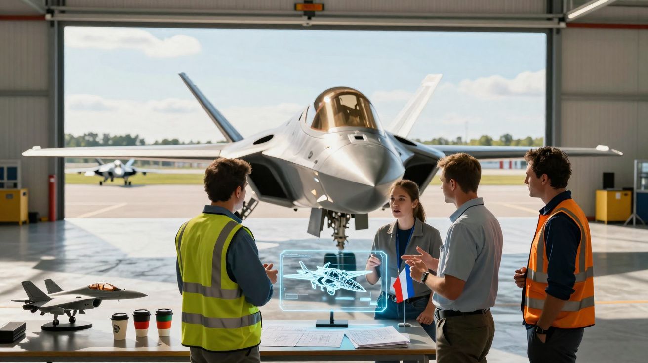 Quatro profissionais discutem projeto de avião militar diante de jato em hangar, com maquete e holograma na mesa.