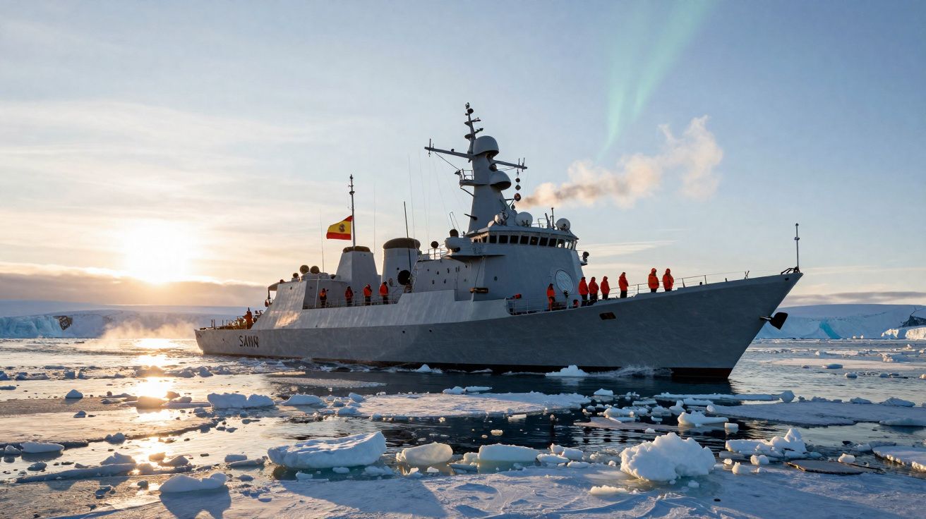 Navio militar com tripulação de coletes laranja navegando entre blocos de gelo ao pôr do sol.