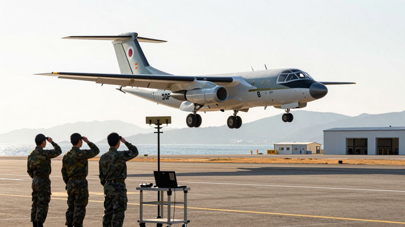 Avião militar pousando enquanto três soldados fazem continência em pista de aeroporto.