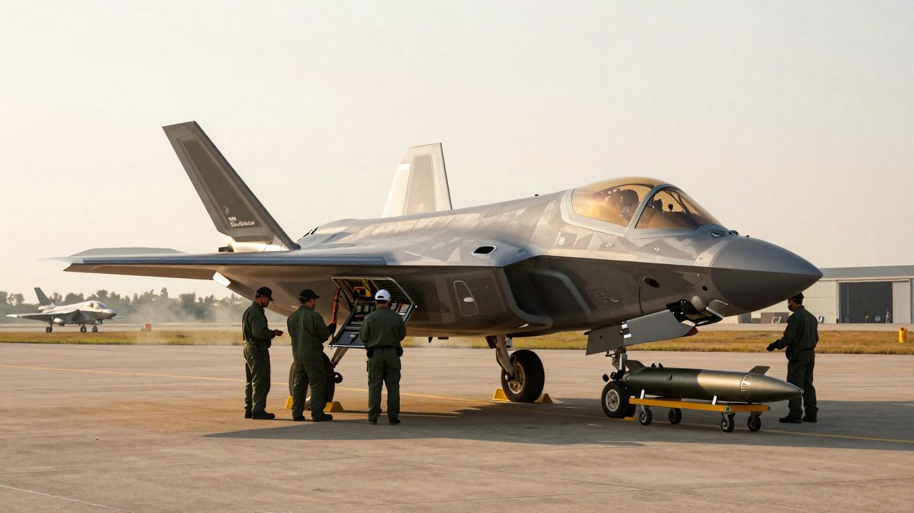 Caças militares estacionados em pista com soldados próximos mexendo em equipamentos.