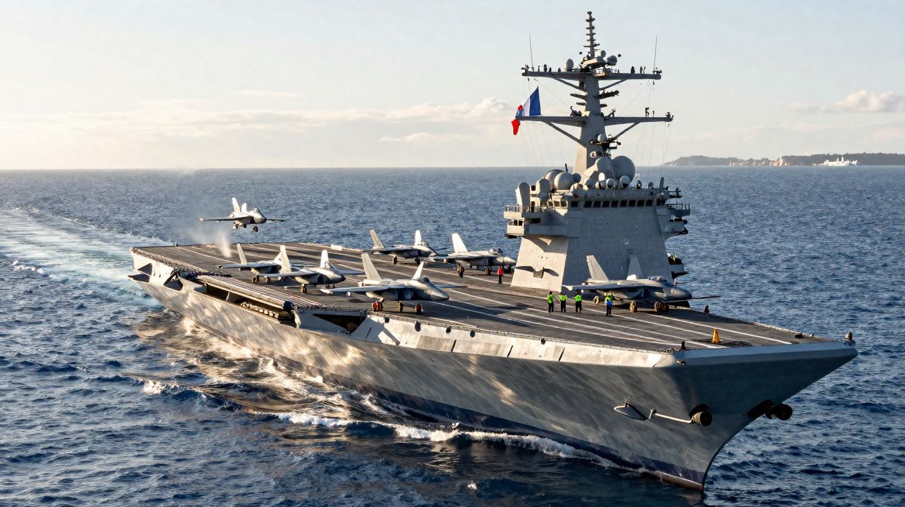 Porta-aviões navegando no mar com aviões militares no convés e equipe de tripulação.