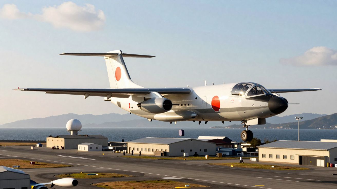 Avião militar japonês decolando com prédios e montanhas ao fundo em dia claro.