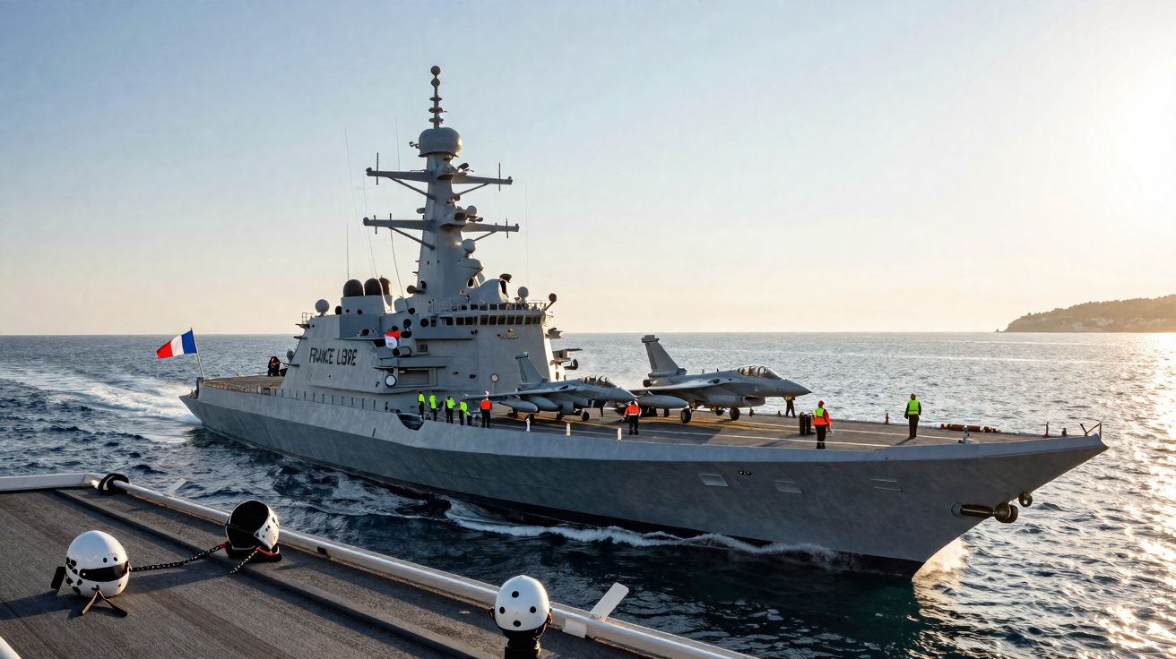 Navio de guerra francês com caça a jato no convés navegando em mar calmo ao pôr do sol.