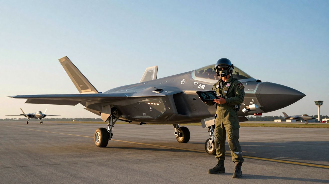 Piloto militar em traje de voo próximo a caça F-35 estacionado em pista de aeroporto ao entardecer.