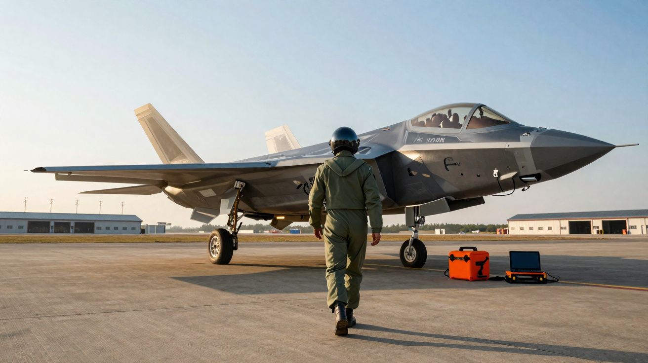 Piloto caminhando na pista em direção a jato militar estacionado com equipamentos ao lado.