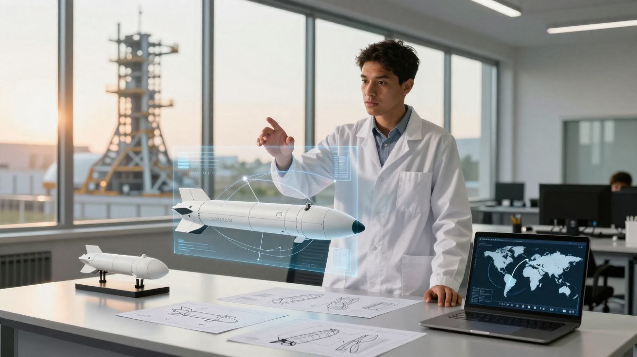 Engenheiro em laboratório interagindo com modelo holográfico de foguete e desenhos técnicos na mesa.