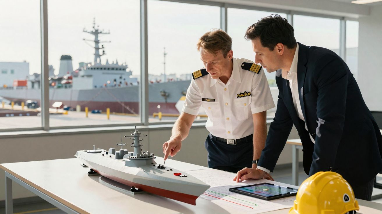 Dois homens analisam maquete de navio de guerra em sala com janelas e navio real ao fundo.