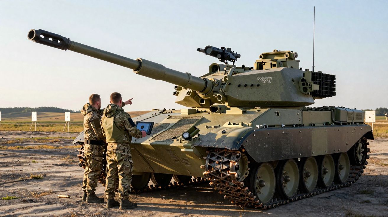 Tanque de guerra verde com dois soldados em uniforme militar próximo, em campo aberto.