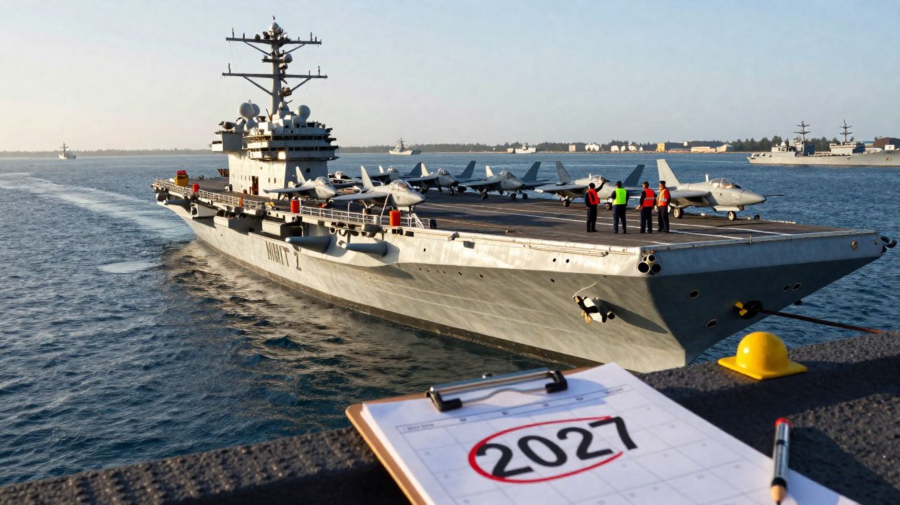 Porta-aviões com aviões de caça na frota naval ao entardecer, com calendário marcando 2027 em primeiro plano.