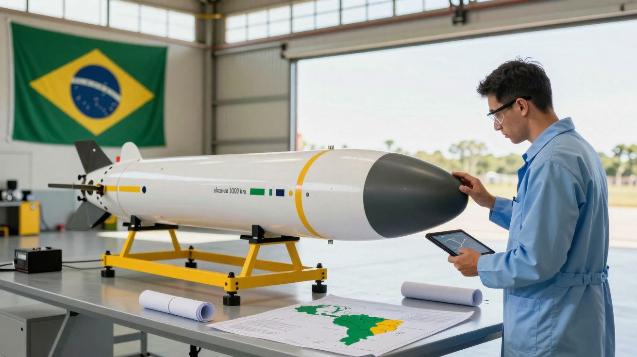 Homem em laboratório observa modelo de míssil branco com detalhes amarelos, bandeira do Brasil ao fundo.