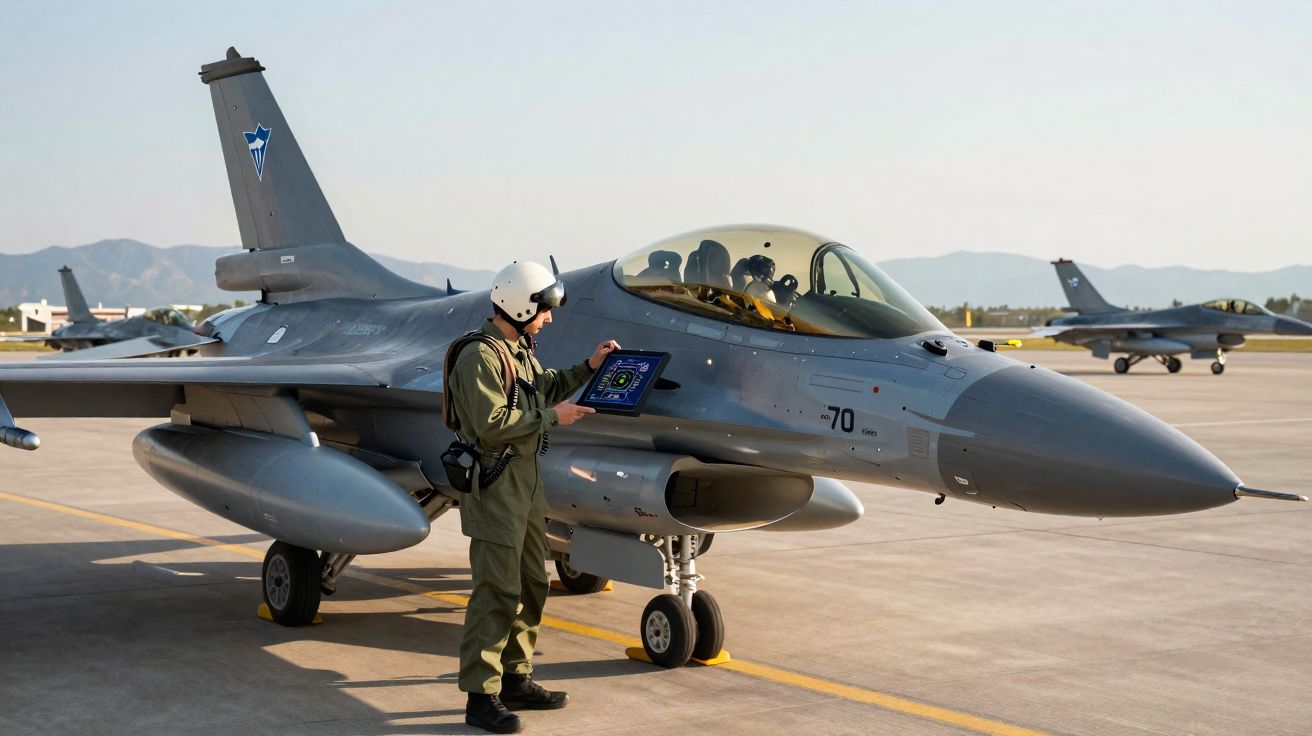 Piloto em uniforme e capacete verifica painel eletrônico ao lado de caça F-16 estacionado em base aérea.