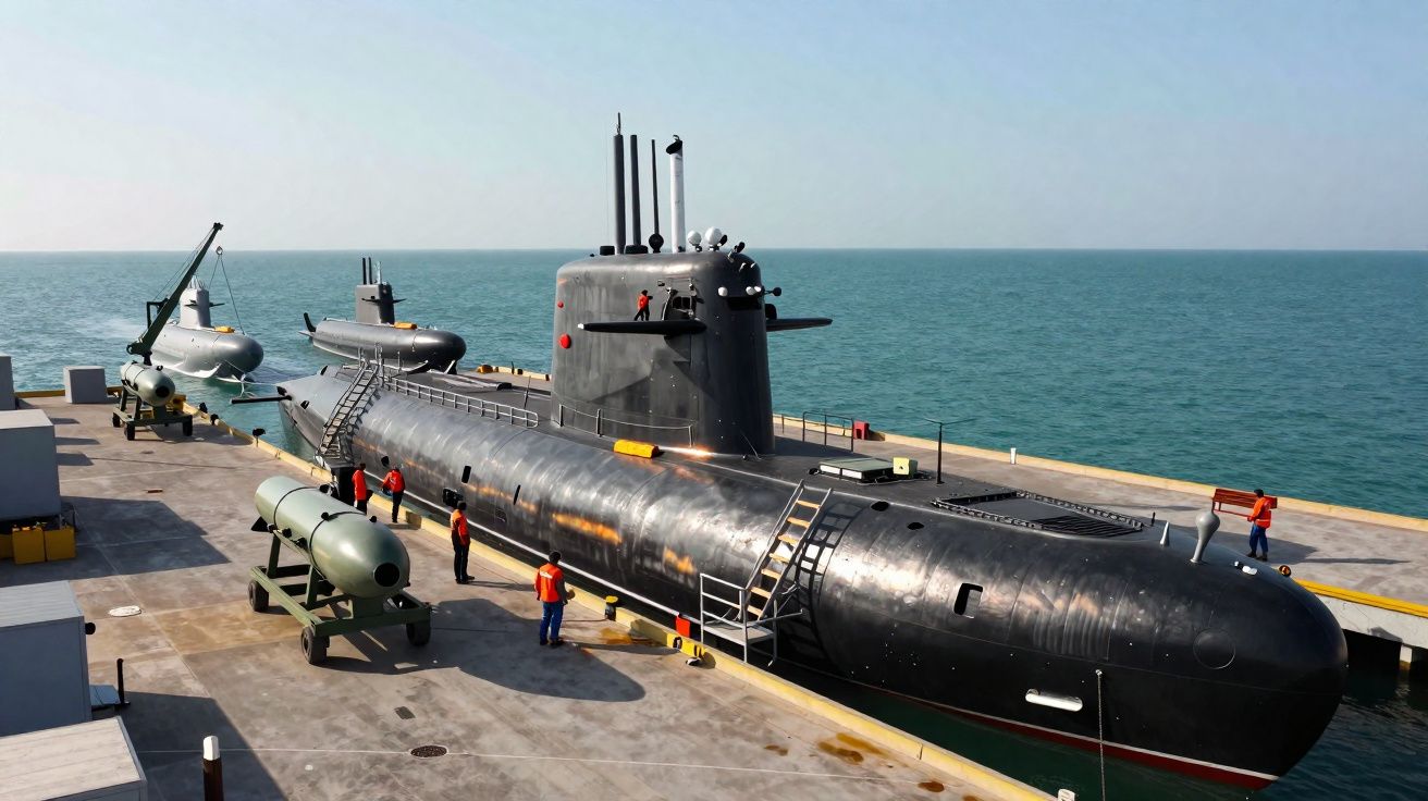 Submarino militar atracado no porto com tripulação realizando manutenção no convés.