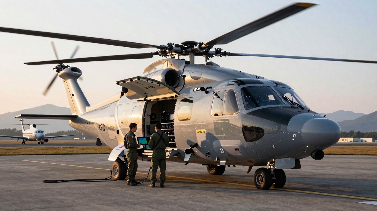 Helicóptero cinza estacionado em pista, com duas pessoas uniformizadas ao lado e porta aberta.