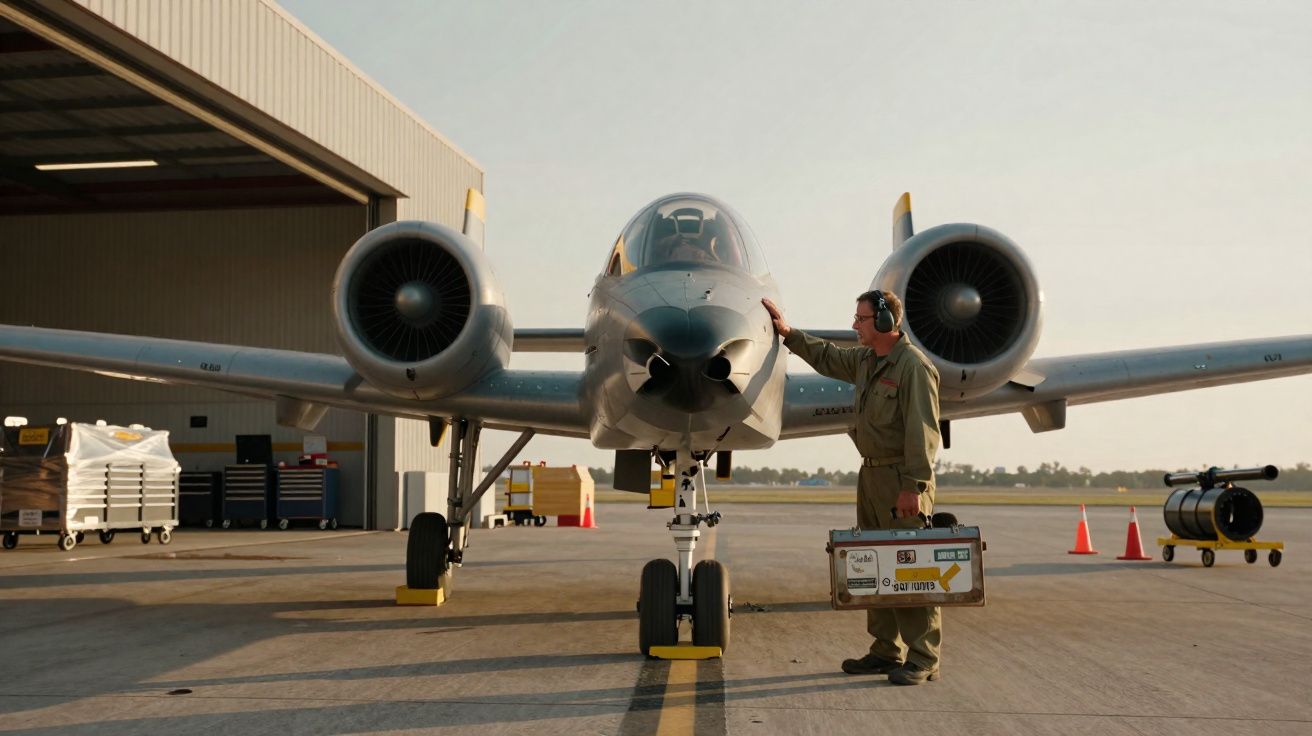 Técnico inspeciona avião de caça A-10 Thunderbolt II em hangar com fones e maleta na mão.