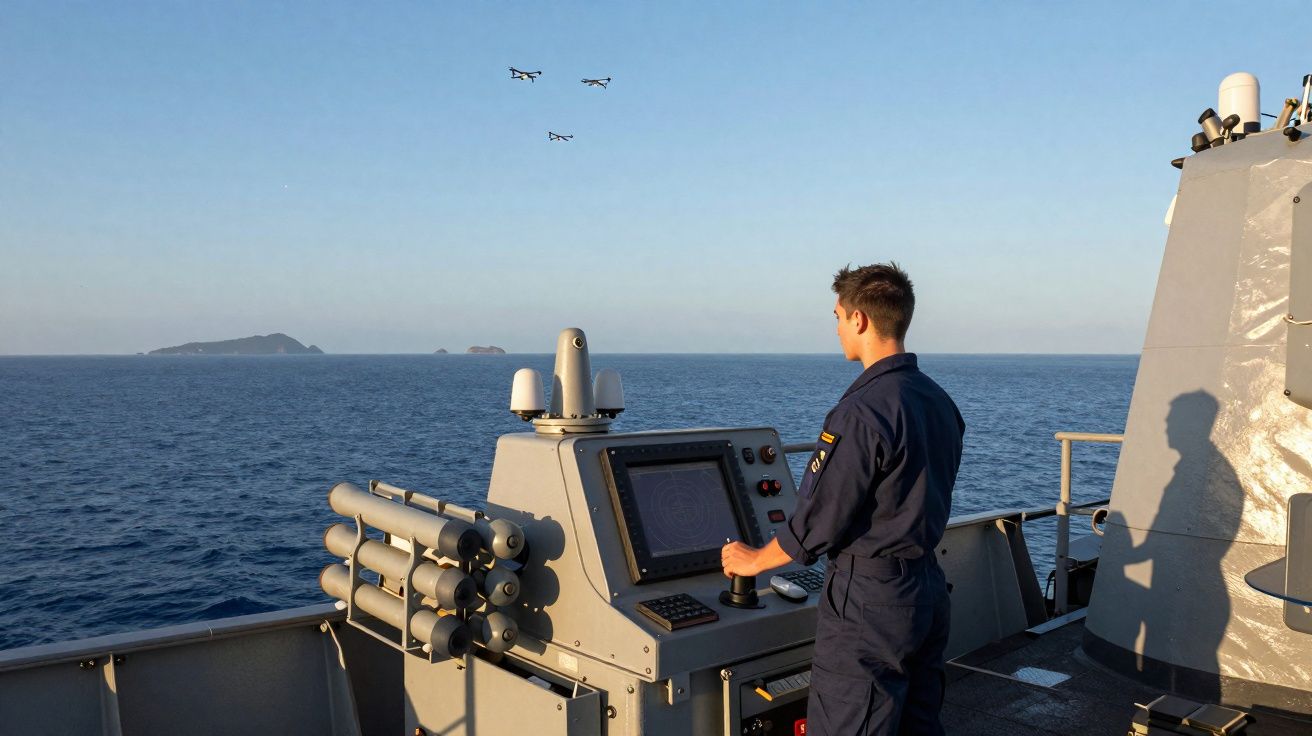 Militar naval operando equipamento eletrônico em navio com mar e ilhas ao fundo e três aviões no céu.