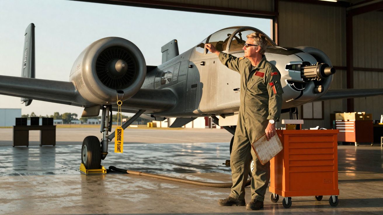 Homem em macacão verifica avião militar estacionado dentro de hangar com prancheta na mão.