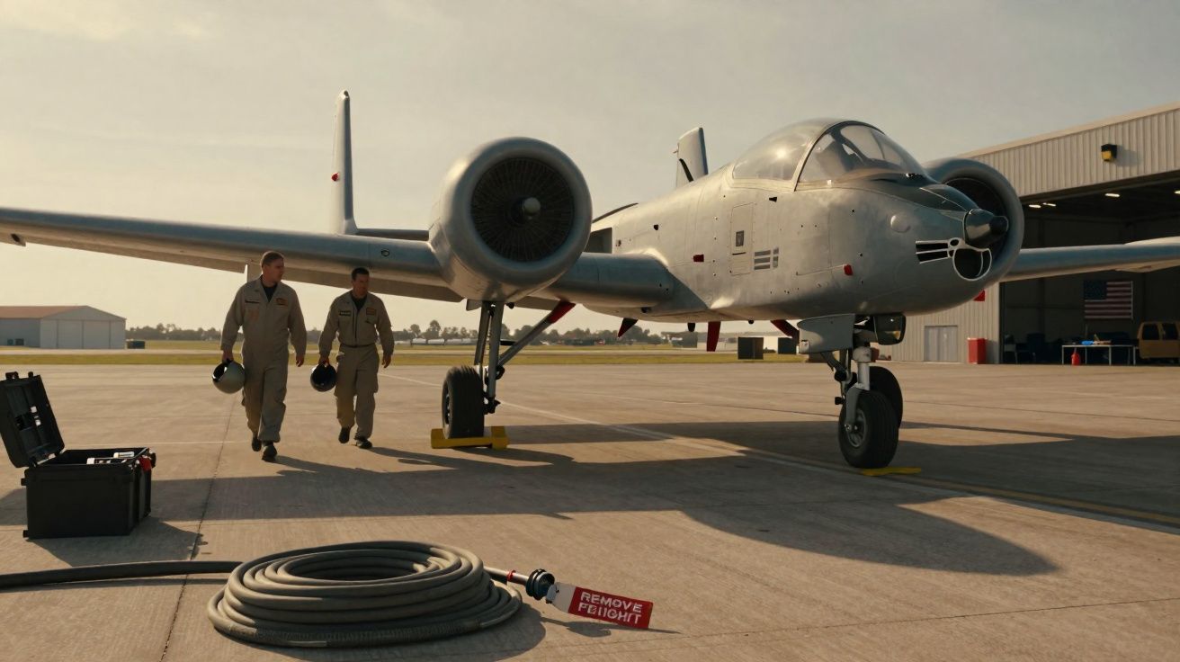 Avião militar estacionado em hangar com dois pilotos caminhando ao lado segurando capacetes.