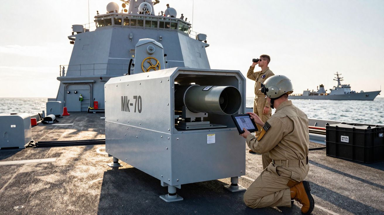 Dois militares operam arma Mk-70 em navio de guerra no mar durante o dia.