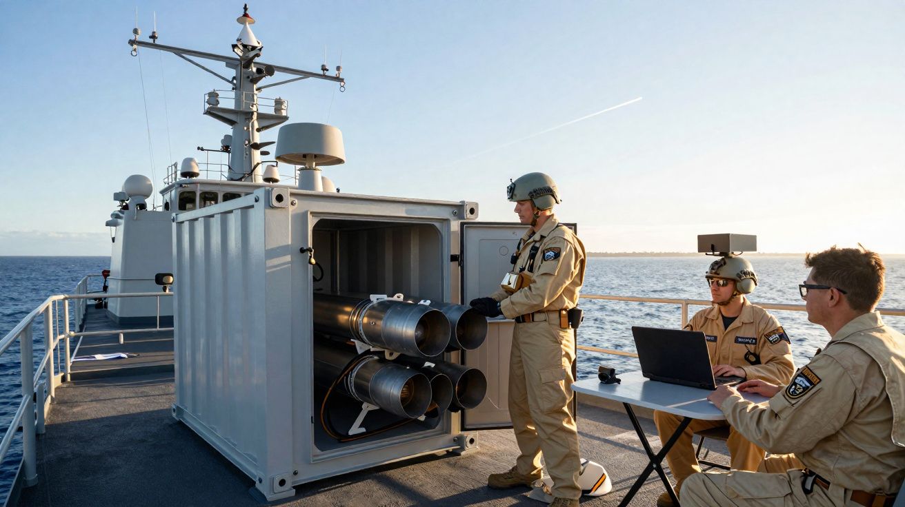 Marinha com militares em uniforme bege operando sistema de torpedos em navio no mar durante o dia.