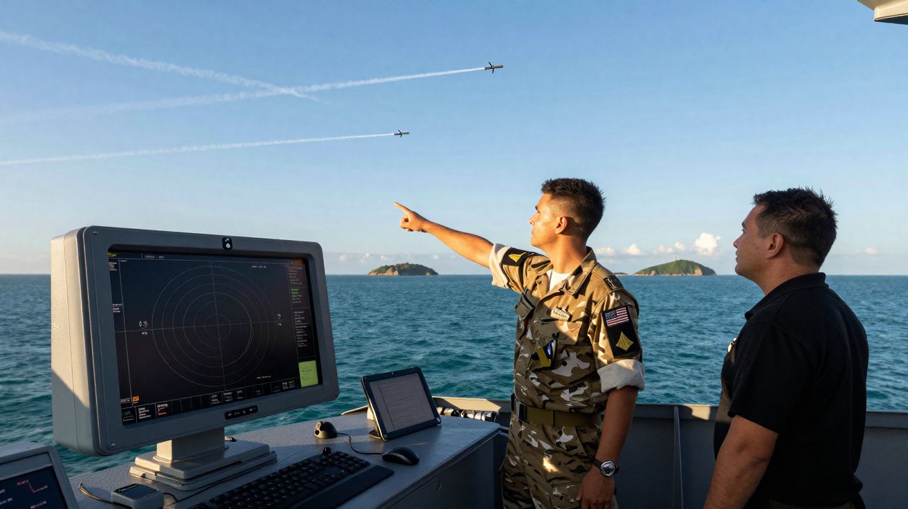 Dois militares observam no mar enquanto aviões fazem manobras no céu durante patrulha em navio.