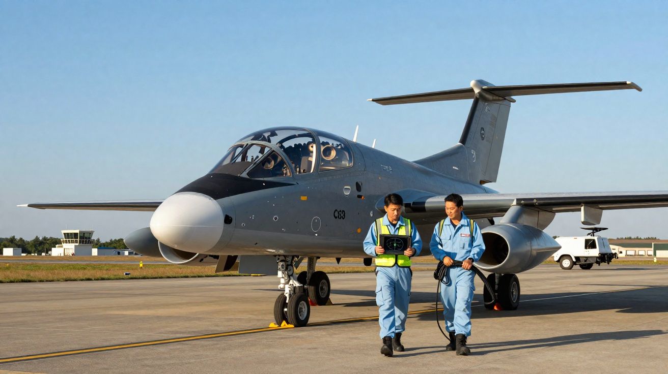 Avião militar cinza estacionado em pista com dois pilotos de macacão azul caminhando em frente.