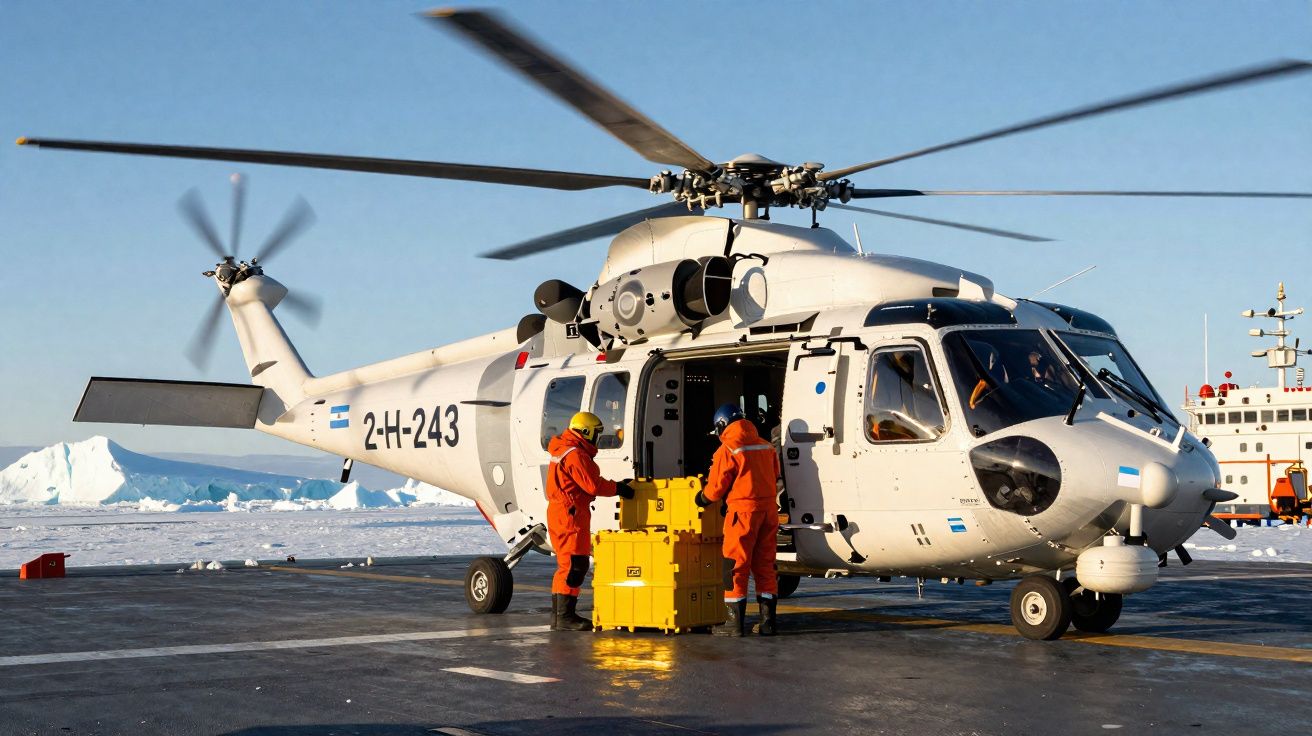 Helicóptero branco com duas pessoas em trajes laranja manuseando caixa amarela em área gelada com iceberg.