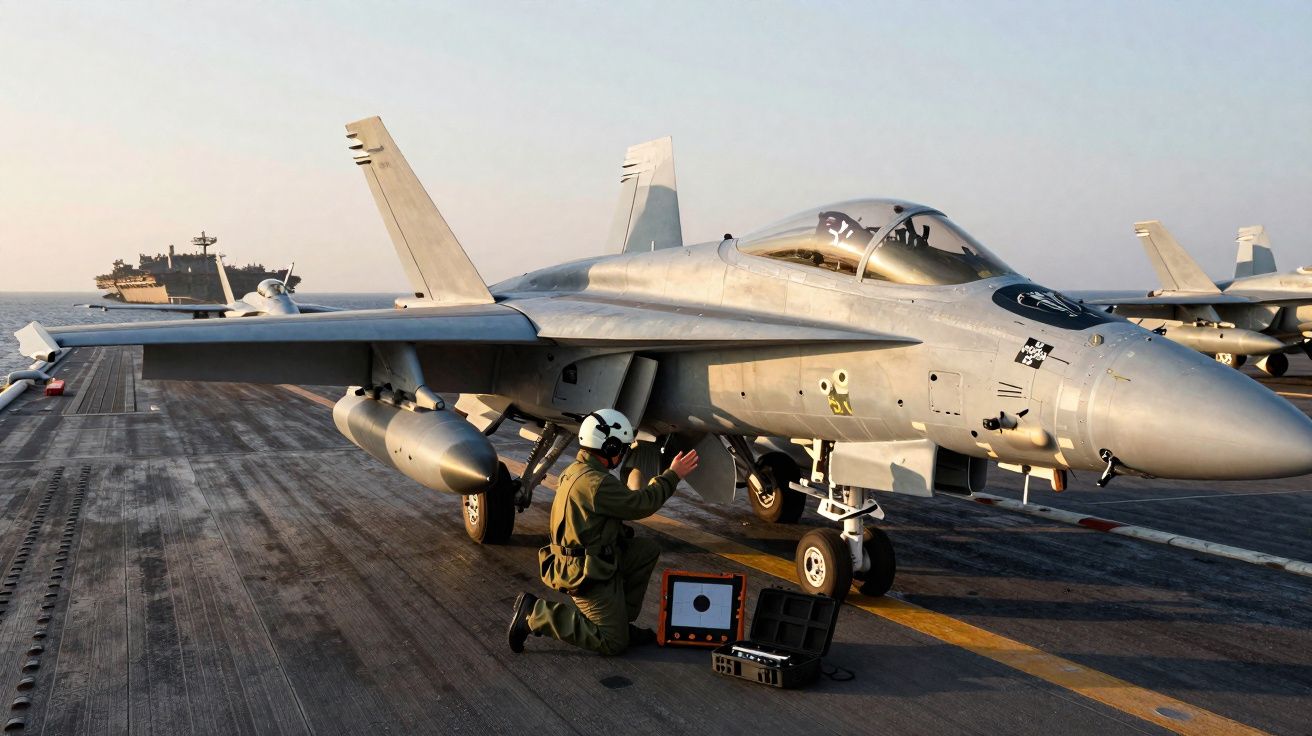 Caça F/A-18 estacionado em porta-aviões com técnico em comunicação ao lado durante o pôr do sol.