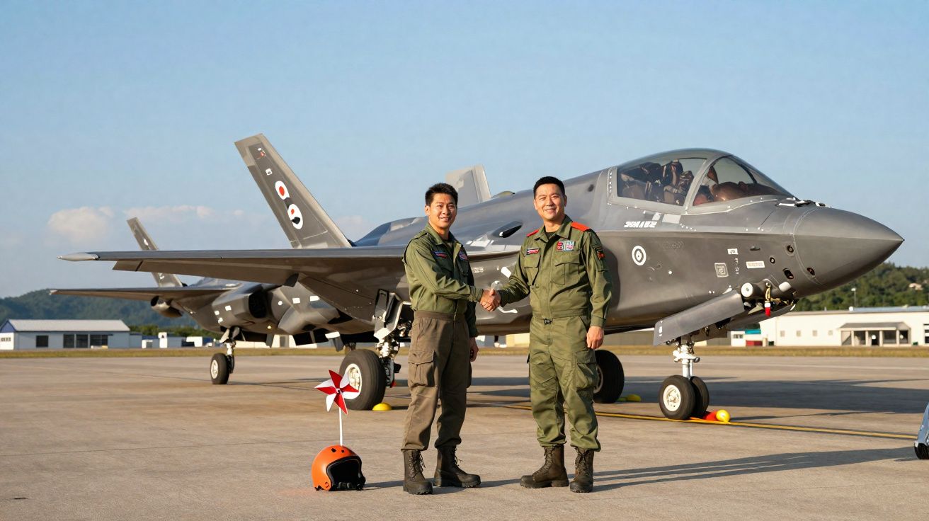 Dois pilotos de uniforme verde apertam as mãos em frente a um jato militar estacionado no aeródromo.